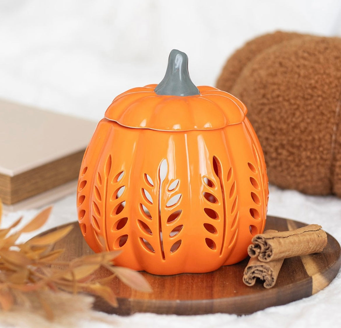 Orange Pumpkin Oil Burner – Ceramic Wax Melt Warmer with Leaf Cut-Outs