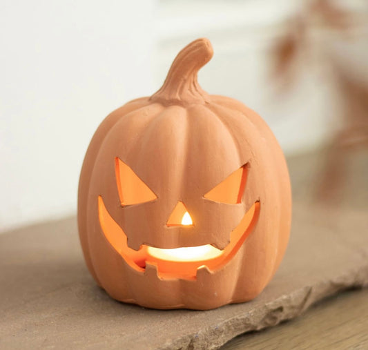 Terracotta Pumpkin Tealight Holder – Rustic Jack-O’-Lantern Candle Holder